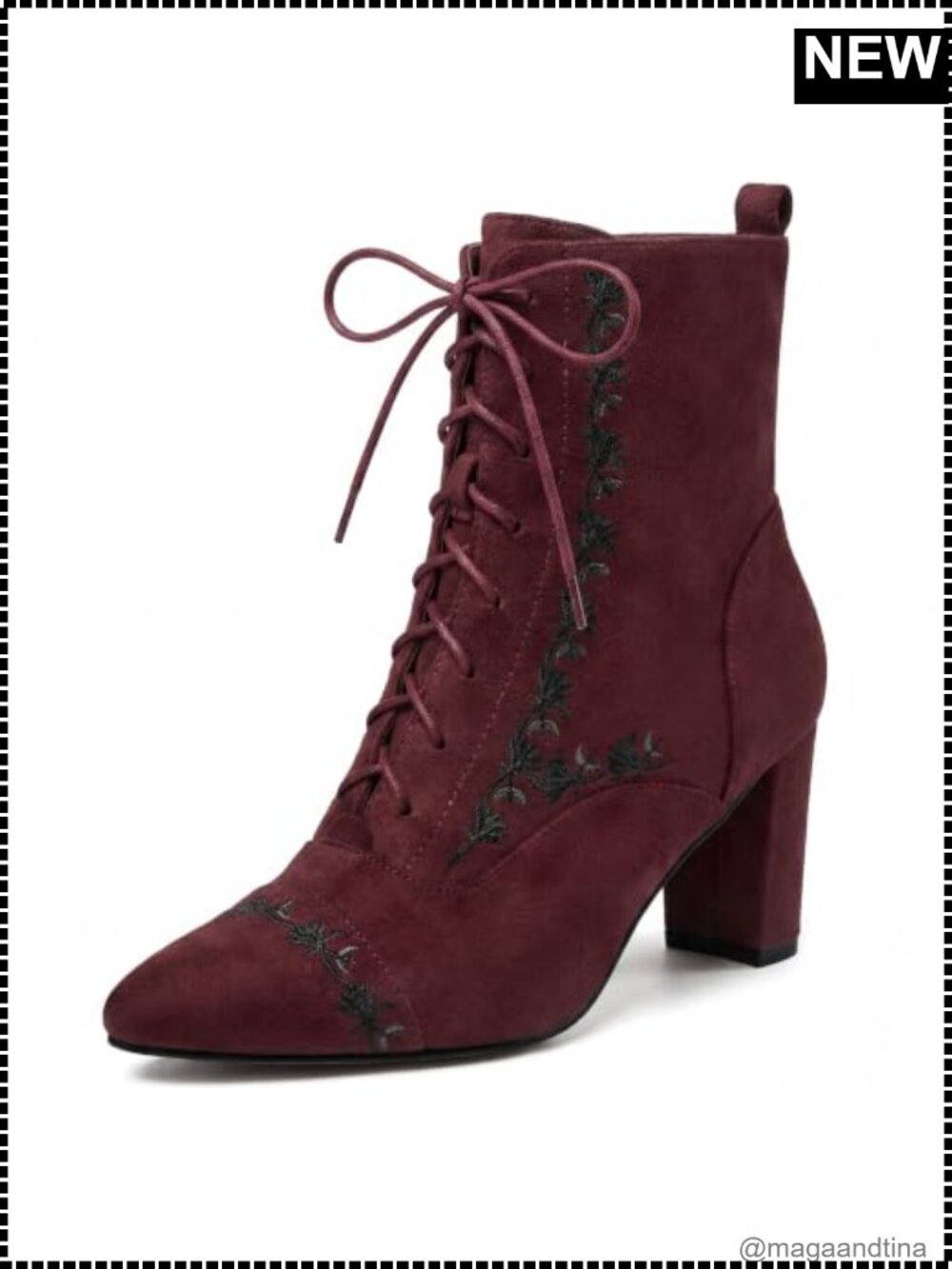 Faux Suede Embroidered Lace-Up Pointed Toe Block Heel Ankle Boots